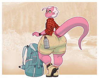 anthro backpack big_butt bottle bottomwear butt clothing container curvy_figure horn looking_back male scales shorts solo thick_thighs wide_hips mr.pink pwink_(mr.pink) goo_creature imp scalie 2017
