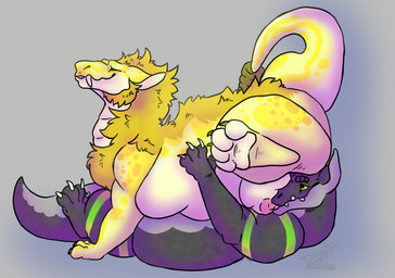 anthro big_butt butt duo female feral fur male male/female nipples obese overweight overweight_female overweight_feral pawpads pink_nipples scales teats white_body white_fur white_pawpads white_scales yellow_body yellow_fur dilla-croc fallout microsoft mythology shuzur'et dragon mythological_creature mythological_scalie night_stalker_(fallout) scalie absurd_res hi_res