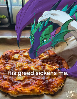 ambiguous_gender claws detailed_background disembodied_hand duo fangs feral food frill_(anatomy) green_body green_eyes green_scales horn membrane_(anatomy) membranous_frill membranous_wings nose_spike photo_background pizza purple_body purple_scales scales shadow snout solo_focus teeth text wing_claws wings vensart european_mythology mythology wings_of_fire laurel_(vensart) dragon mythological_creature mythological_scalie rainwing_(wof) scalie western_dragon english_text hi_res mixed_media photography_(artwork) shaded watermark