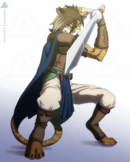 anime_eyes anime_style anthro armor brown_hair cape clothed clothing countershade_fur countershading fur hair looking_at_viewer male markings melee_weapon orange_body orange_fur simple_background solo striped_body stripes sword tail weapon prismanoodle cheetah felid feline felis mammal 4:5 hi_res