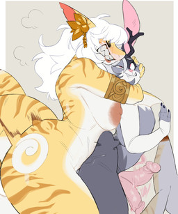 anal anal_penetration anthro anthro_on_anthro anthro_penetrated anthro_penetrating anthro_penetrating_anthro antlers areola armlet breasts brown_stripes clenched_teeth duo elbow_fin erection eye_roll eyes_closed face_squish femboy fin fur genitals gold_(metal) gold_armlet gold_jewelry grey_body grey_fur gynomorph gynomorph/male gynomorph_penetrating gynomorph_penetrating_male hair horn humanoid_genitalia humanoid_penis intersex intersex/male intersex_penetrating intersex_penetrating_male jewelry looking_pleasured male male_penetrated nipples penetration penile penile_penetration penis penis_in_ass scales sex squish striped_body striped_scales stripes tail tail_fin tan_areola tan_nipples teeth white_body white_fur white_hair white_scales yellow_body yellow_scales zeo_(artist) aquatic fish jackalope lagomorph mammal shark absurd_res hi_res