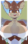 2023 absurd_res amber_fauna anthro big_breasts breasts brown_body brown_fur cleavage clothed clothing deer digital_media_(artwork) eyelashes female fur hi_res looking_at_viewer mammal small_waist snappygrey solo text translated