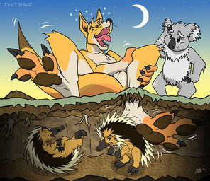 3_toes anthro black_nose brown_pawpads brown_tail_tip claws confusion crescent_moon dipstick_tail feet finger_claws fur grey_body grey_fur group laugh markings moon multicolored_body multicolored_fur open_mouth open_smile pawpads quills_(anatomy) sky smile stuck tail tail_markings teeth tickle_fetish tickle_torture tickling tickling_feet toe_claws toes tongue white_body white_fur yellow_body yellow_fur foot-paws echidna kangaroo koala macropod mammal marsupial monotreme vombatiform