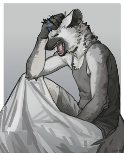 anthro claws clothing collar ear_piercing eyebrow_piercing eyes_closed facial_piercing feet fur grey_body grey_fur hair male open_mouth piercing simple_background sleeveless_shirt solo tail teeth topwear tuft underwear yawn o_tout0 arknights hypergryph studio_montagne spot_(arknights) hyena mammal spotted_hyena 2026 hi_res
