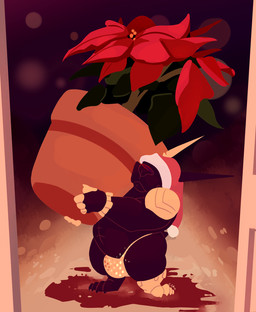 anthro armor belly big_belly black_body black_ears black_nose bulge christmas_clothing christmas_headwear clothing hat headgear headwear holding_potted_plant holidays male mouth_closed outside overweight overweight_anthro overweight_male plant plant_pot potted_plant red_clothing red_hat red_headwear santa_hat solo standing yellow_inner_ear chocolateandmilk christmas canid canine mammal 2019 dated hi_res signature