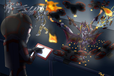 2_tails 3_toes accessory amber_eyes ambiguous_gender anthro arm_cannon armor black_body black_hair breasts clothed clothed_ambiguous clothing destruction drone_(vehicle) featureless_breasts featureless_crotch feet female fire flamethrower fully_clothed fully_clothed_ambiguous furgonomics gatling_gun golden_markings green_eyes group gun gun_arm hair headgear helmet high_heeled_feet horn jewelry leggings legwear long_hair machine machine_gun markings minigun multi_tail multicolored_body multicolored_hair neck_tuft nude nude_anthro nude_female partially_clothed_anthro partially_clothed_female purple_hair purple_markings ranged_weapon ring round_ears tablet tail tail_accessory tail_gun tail_jewelry tail_ring toes topwear trio tuft two_tone_body two_tone_hair weapon weapon_arm weapon_tail white_body white_hair wings zboys dragonborn_velatis thetis_(bonjolasermaster) velatis_ferio_caedo android robot unknown_species hi_res