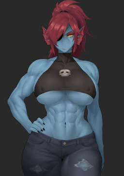 abs big_breasts blue_body blue_skin bottomwear breasts clothing collarbone crop_top denim denim_bottomwear denim_clothing eye_patch eyebrows eyewear female frill_(anatomy) hair hair_over_eye hand_on_hip huge_breasts jeans muscular navel navel_piercing nipple_outline pants piercing ponytail red_hair shirt solo topwear under_boob yellow_sclera meruzis undertale_(series) undyne animal_humanoid fish fish_humanoid humanoid marine marine_humanoid 2025 absurd_res hi_res