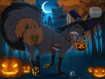 animal_genitalia animal_vulva anus black_nose canine_genitalia canine_vulva claws clothing crossgender female feral fur gender_swap_potion genitals green_anus green_claws green_eyes green_pawpads green_vulva grey_body grey_fur hat headgear headwear holidays pawpads solo tail_anus text vulva witch_hat a.o.kigahara_(artist) taka_(artist) halloween fin_the_fox canid canine fox mammal english_text hi_res