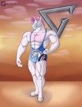 abs anthro flexing gladiator hair horn male muscular muscular_anthro muscular_male pecs pink_hair solo warrior wrestling_singlet unibro_pi mythology equid equine mammal mythological_creature mythological_equine unicorn absurd_res hi_res