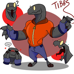 4_fingers anthro blush bottomwear clothing fingers gloves_(marking) jacket male markings pants pencil_(object) solo tongue tongue_out topwear uwu yellow_eyes tibbs dinosaur prehistoric_species reptile scalie 1:1 hi_res model_sheet