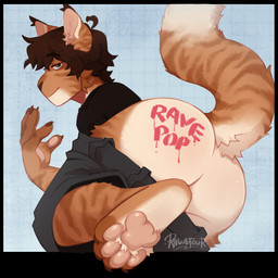 anthro ass_up brown_hair butt clothed clothing fully_clothed fur hair looking_at_viewer male pawpads paws raised_tail rear_view short_hair solo striped_body striped_fur stripes tail text rawefour ravepop_(russelbuck) felid feline mammal 2025 digital_drawing_(artwork) digital_media_(artwork) english_text hi_res
