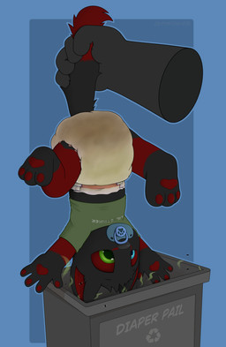 abdl anthro bodily_fluids diaper duo feces genital_fluids male male/male messy pacifier peed poopy_diaper soiled_diaper trash trash_can unclean_diaper urine used_diaper wet_diaper young anowotternpc sarou canid canine canis mammal wolf hi_res