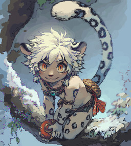 anthro clothed clothing eyebrows fur grey_body grey_fur grey_tail hair jewelry looking_at_viewer male markings skimpy solo spots spotted_arms spotted_body spotted_fur spotted_legs spotted_markings spotted_tail tail tail_markings white_hair young young_anthro young_male moonshen felid mammal pantherine snow_leopard animated hi_res