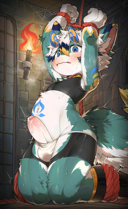 2_horns anthro arm_markings arm_tuft arms_above_head arms_tied_above_head bangs bdsm belly big_tail black_bottomwear black_clothing black_crop_top black_nose black_shirt black_shorts black_tank_top black_topwear blonde_highlights blue_ears blue_eyes blue_highlights blue_horn blue_markings blush blush_lines bodily_fluids bondage bottomwear bound ceiling cheek_tuft claws clothed clothed_anthro clothed_male clothing countershade_arms countershade_face countershade_fur countershade_legs countershade_neck countershade_tail countershade_torso countershading crop_top crotchless_clothing crotchless_shorts dipstick_ears dipstick_tail dripping ear_markings elbow_tuft eyebrows facial_tuft finger_claws fingers fire foreskin fur fur_markings fur_tuft genital_fluids genitals glans gloves_(marking) hair hair_between_eyes hands_above_head hands_tied highlights_(coloring) horn horn_markings humanoid_genitalia humanoid_penis inner_ear_fluff inside iris kemono kneeling leg_markings leg_tuft legs_tied lit_torch long_tail looking_down looking_down_at_self low-angle_view male male_anthro markings midriff multicolored_body multicolored_ears multicolored_fur multicolored_penis multicolored_tail navel navel_markings partially_clothed partially_clothed_anthro partially_clothed_male partially_retracted_foreskin penis penis_poking_out pink_blush pink_glans pink_inner_ear pink_penis precum precum_drip pupils red_rope restraints rope rope_bondage shirt short_hair shorts shoulder_markings solo spider_web sweat tail tail_markings tank_top teal_body teal_ears teal_fur teal_tail teal_tuft three-quarter_view tight_bottomwear tight_clothing tight_crop_top tight_shorts tight_tank_top topwear torch tuft underwear underwear_down wall_(structure) wavy_mouth white_belly white_body white_claws white_clothing white_countershading white_eyebrows white_fur white_hair white_hands white_inner_ear_fluff white_markings white_penis white_sclera white_tail white_tuft white_underwear yellow_ear_tips yellow_markings yellow_tail_tip young young_anthro young_male sosak0622 mammal species_request absurd_res hi_res portrait shaded three-quarter_portrait
