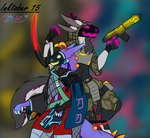 4_ears anthro blade claws clothing cyberpunk duo ear_markings female gun horn katana machine male male/female mantis_blades melee_weapon multi_ear protogen_face protogen_visor ranged_weapon shotgun sword tail visor weapon hunamarts inktober_2024 mizu_(protogen) shizuka(protogen) protogen