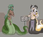 2017 after_transformation alternate_species annoyed anthro apode breasts draconcopode duo female genitals gold_(metal) gold_jewelry green_body green_hair green_scales grey_background hair horn humanoid_pointy_ears jewelry lamia legless lyn_(z-ray) navel nipples nude pussy reptile scales scalie serpentine sign simple_background smile snake split_form thatweirdguyjosh white_hair