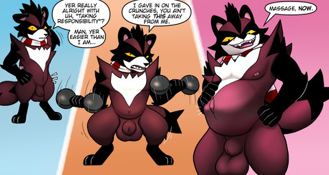 animal_genitalia balls belly big_balls big_belly bite dialogue exercise fetal_movement genitals male navel nipples outie_navel pregnancy_progression pregnant pregnant_male scarf sheath solo text tongue tongue_bite trashbadger curry_(copyright) rizo_(parker_simmons) canid canine mammal raccoon_dog tanuki english_text