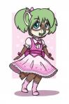 anthro bow_(feature) brown_body brown_fur clothed clothing collar cute_fangs dress fangs female footwear freckles fur green_eyes green_hair hair heart_symbol legwear open_mouth pigtails simple_background smile socks solo standing teeth tongue young young_anthro aggie_(artist) dook_(lildooks) domestic_ferret mammal mustelid musteline true_musteline weasel 2018 digital_media_(artwork)