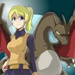 blonde_hair clothing duo hair horn pokeball topwear vest wings sesame_(edf-goma) love_live! love_live!_school_idol_project nintendo pokemon eli_ayase charizard generation_1_pokemon human mammal pokemon_(species) 1:1 hi_res