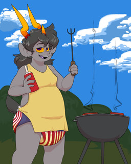 apron barbecue barbecue_fork bodily_fluids clothed clothing cutlery diaper fork genital_fluids goat_tail grill grilling holidays horn kitchen_utensils male outside purple_eyes sky skyscape slightly_chubby slightly_chubby_male smile smoke solo tools unclean_diaper urine used_diaper wearing_diaper wet_diaper wetting yellow_sclera cheetoeater conditional_dnp 4th_of_july homestuck i_just_wanna_grill ms_paint_adventures zaptie_(cheetoeater) alien humanoid troll_(homestuck) 4:5 hi_res meme