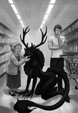 all_fours anthro antlers big_breasts black_body black_fur breasts casual_nudity covering covering_face elderly fangs female fur glowing glowing_eyes glowing_teeth groceries group horn larger_female long_nails long_tail male male/female petting pointy_ears public public_nudity sharp_teeth shopping shopping_cart size_difference tail teeth trio lenika vitaly_s_alexius american_mythology indigenous_north_american_mythology mythology north_american_mythology stupid_sexy_cryptids ashcroft_"ash"_julian_clifford starshade cryptid human mammal omnid wendigo hi_res monochrome