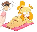 animal_crossing anthro being_watched big_butt blonde_hair blush bodily_fluids breasts brown_hair butt canid canine canis cutaway domestic_dog duo erection female female_focus floppy_ears genitals hair hi_res human human_on_anthro imminent_sex interspecies isabelle_(animal_crossing) looking_at_another lying male male/female mammal nervous nintendo nude offscreen_character on_front penis shih_tzu side_boob simple_background smile solo_focus speech_bubble sssonic2 sweat tail third-party_edit towel toy_dog vein veiny_penis villager_(animal_crossing) wide_hipped_anthro wide_hipped_female