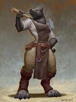 anthro apron belt bottomwear breasts claws clothing female fur grey_body grey_fur hammer holding_hammer holding_object holding_tool looking_up low-angle_view pants pouch_(clothing) shirt simple_background solo standing tools topwear white_clothing white_shirt white_topwear vanharmontt blizzard_entertainment warcraft canid mammal werecanid werecreature worgen 2021 3:4 absurd_res digital_media_(artwork) hi_res