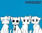 :3 ambiguous_gender blue_background cat_tail cheek_tuft chest_scar facial_scar facial_tuft feral fur group looking_at_viewer neck_tuft necktie scar silly_face simple_background sitting tuft white_body white_fur wide_eyed x_scar kolaah_(artist) weezer weezer_(blue_album) silly_cat_(mauzymice) domestic_cat felid feline felis mammal 2024 hi_res meme