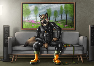 anthro black_clothing black_latex black_skinsuit boots bulge clothed clothing collar detailed_bulge footwear front_view genital_outline green_boots green_clothing green_collar green_eyes green_footwear green_leash hair inside jewelry latex latex_clothing latex_skinsuit leash male male_anthro mouth_closed muscular muscular_anthro muscular_male necklace orange_boots orange_clothing orange_footwear penis_outline shoes short_hair sitting skinsuit solo speaker tan_hair tight_clothing hufnaar canid canine mammal
