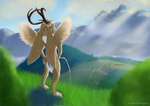 anthro antlers bodily_fluids brown_body brown_fur detailed_background forest fur genital_fluids grass hand_on_butt horn landscape male male_peeing mountain nature outside peeing peeing_on_ground plant rear_view solo spread_wings tree urine urine_on_ground urine_stream wings vonfluffington lambert_(vonfluffington) lagomorph mammal wolpertinger 2023 absurd_res digital_media_(artwork) digital_painting_(artwork) hi_res