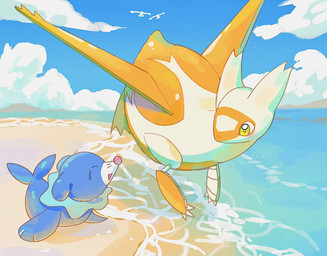 ambiguous_gender beach blue_body claws cloud eyelashes eyes_closed feathered_wings feathers feral green_eyes group markings multicolored_body open_mouth sea size_difference sky tail two_tone_body water whisker_markings white_body white_feathers wings seta629211 nintendo pokemon avian bird generation_3_pokemon generation_7_pokemon latias legendary_pokemon pokemon_(species) popplio shiny_pokemon wingull 2026 hi_res female_(lore)