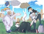 all_fours anthro areola ass_up balls big_balls big_breasts big_penis black_sclera bodily_fluids bottomwear breasts bulge butt claws cleavage clothed clothing collar cum cum_drip defeated denim denim_bottomwear denim_clothing detailed_background dripping electronics femboy finger_claws genital_fluids genital_outline genitals group half-closed_eyes headphones huge_balls hyper hyper_balls hyper_genitalia intersex intersex/male jeans looking_back looking_down male narrowed_eyes nervous nipples pants paws penis pubes raised_tail shadow shaking shield_potion side_view skinny sky smile smug speech_bubble sweat tail text thick_thighs tongue tongue_out trembling trio vein veiny_penis yonstar_studios epic_games fortnite mythology apollo_caelum cate_meowdy meow_skulls alien dragon felid feline mammal mythological_creature mythological_scalie scalie digital_media_(artwork) hi_res spanish_text translated