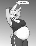 alternate_species anthro belly big_belly big_breasts bottomwear breasts cleavage clothed clothing dialogue eyewear female glasses heart_symbol looking_pleasured navel nipple_outline open_mouth outie_navel pants pregnant pregnant_female round_glasses shirt smile solo speech_bubble sweatpants tank_top topwear mortarionlordofdeath millie_(mortarionlordofdeath) lagomorph leporid mammal rabbit hi_res monochrome