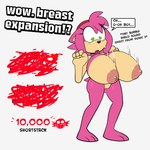 accessory anthro areola big_areola big_breasts breast_expansion breasts dialogue expansion female fur genitals green_eyes hair_accessory hairband huge_breasts lipstick makeup nipples nude nude_female pink_body pink_fur pussy shocked solo speech_bubble text monamania sega sonic_the_hedgehog_(series) amy_rose eulipotyphlan hedgehog mammal 1:1 absurd_res english_text hi_res