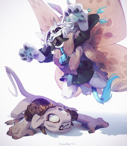 clothed clothing duo feet fingers hair horn smile toes white_hair kyander arthropod insect lepidopteran moth 2021 digital_media_(artwork)