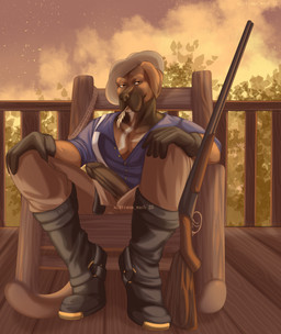 anthro brown_body brown_eyes brown_fur brown_penis clothing fur genitals gloves gun handwear hat headgear headwear humanoid_genitalia male multicolored_body multicolored_fur muscular muscular_male nude penis ranged_weapon rocking_chair rope solo sunset weapon albtraumwach canid canine canis domestic_dog great_dane mammal mastiff molosser absurd_res digital_media_(artwork) hi_res