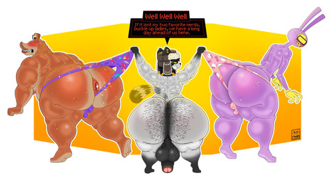 anal_fluids anthro anus balls bent_over big_balls big_butt big_penis black_body black_clothing black_collar black_eyes black_eyewear black_fur black_glasses black_hair black_tail black_underwear blush bodily_fluids body_hair braces brown_body brown_clothing brown_hat brown_headwear brown_skin bulge bullying butt butt_hair clothed clothing collar eyewear fur genitals glasses gloves green_clothing green_underwear grey_body grey_fur grey_tail grin group hair hairy_balls half-closed_eyes handwear hat headgear headwear hello_kitty_panties hello_kitty_underwear holding_clothing holding_object holding_underwear huge_butt long_ears looking_at_another male male/male moobs multicolored_body multicolored_clothing multicolored_fur multicolored_skin multicolored_underwear narrowed_eyes nipples nude obese obese_male overweight overweight_male penis pink_clothing pink_nipples pink_underwear purple_body purple_clothing purple_ears purple_fur purple_underwear raccoon_tail red_clothing red_eyes red_underwear small_bulge small_penis smile speech_bubble spiked_collar spikes standing sweat tail teeth text thick_thighs trio two_tone_body two_tone_fur two_tone_hat two_tone_skin two_tone_tail underwear underwear_only wedgie white_clothing white_hat white_headwear white_underwear yellow_clothing yellow_gloves yellow_handwear yellow_sclera yellow_underwear itsme_hilo glitch_productions hello_kitty_(series) sanrio star_wars the_amazing_digital_circus hello_kitty_(character) jar_jar_binks jax_(tadc) zooble_(tadc) alien gungan lagomorph leporid mammal otolla_gungan procyonid rabbit raccoon 2026 absurd_res digital_media_(artwork) english_text hi_res signature
