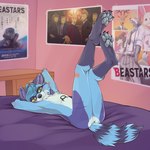 anthro anus bed blue_body blue_fur butt fur furniture green_eyes looking_at_viewer lying lying_on_bed male nude on_bed paws pose poster solo x_anus yellow_sclera unknown_artist beastars lings_star mammal procyonid raccoon hi_res pinup