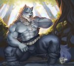 2020 5_fingers abs absurd_res anthro biceps black_nose bottomwear canid canine canis clothed clothing day detailed_background fingers forest fur grey_body grey_fur hi_res humanoid_hands law_(sdorica) male mammal multicolored_body multicolored_fur muscular muscular_anthro muscular_male navel one_eye_closed outside pecs plant raytig12 sdorica signature solo topless tree two_tone_body two_tone_fur white_body white_fur wolf