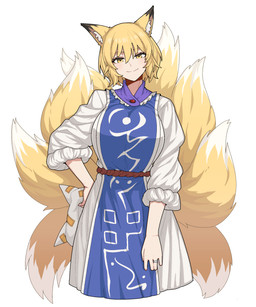 black_ear_tips blonde_hair blue_clothing blue_tabard breasts clothed clothed_female clothed_humanoid clothing digit_ring dipstick_ears dipstick_tail dress ear_markings female finger_ring hair hat headgear headwear holding_clothing holding_hat holding_headgear holding_headwear holding_object inner_ear_fluff jewelry looking_at_viewer markings multi_tail multicolored_ears short_hair simple_background smile solo tabard tail tail_markings tuft white_background white_clothing white_dress white_inner_ear_fluff white_tail_tip yellow_ears yellow_eyes yellow_tail formicid_(artist) touhou ran_yakumo animal_humanoid canid canid_humanoid canine canine_humanoid fox_humanoid humanoid mammal mammal_humanoid 5:6 hi_res