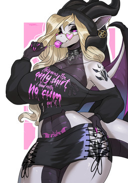 anthro arm_tattoo big_breasts black_body black_clothing black_crop_top black_eyelids black_hat black_headwear black_horn black_sclera black_shirt black_topwear blonde_hair bottomwear breasts candy clothed clothing collar collarbone colored_nails crop_top dessert ear_piercing eyewear female food glasses hair hand_on_hip hand_on_own_hip hat headgear headwear heart_glasses holding_candy holding_food holding_lollipop holding_object horn huge_breasts leg_tattoo lips lollipop long_hair looking_at_viewer membrane_(anatomy) membranous_wings miniskirt multicolored_body nails navel non-mammal_breasts off_shoulder piercing pink_eyes pink_eyewear pink_glasses pink_nails shirt simple_background skirt small_waist smile smiling_at_viewer solo tail tattoo thick_tail thick_thighs topwear torn_clothing torn_topwear two_tone_body white_body wings womb_tattoo yasmil mythology dragon mythological_creature mythological_scalie scalie 2024 colored digital_drawing_(artwork) digital_media_(artwork) hi_res shaded