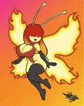 big_breasts breasts cleavage clothed clothing female fire hair hair_over_eyes legwear red_hair solo thick_thighs thigh_highs tansau elemental_creature fairy fire_creature 4:5 hi_res