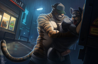 anal anal_penetration anthro anthro_on_anthro anthro_penetrated anthro_penetrating anthro_penetrating_anthro balls biceps black_body black_fur bottomwear bottomwear_down brown_body brown_fur butt chest_tuft clothed clothed_sex clothing countershading detailed_background duo erection eyebrows fur genitals hat headgear headwear humanoid_genitalia humanoid_penis interspecies male male/male male_penetrated male_penetrating male_penetrating_male muscular muscular_anthro muscular_male night open_mouth open_smile orange_body orange_fur outside outside_sex pants pants_down parking_lot partially_clothed pecs penetration penile penile_penetration penis penis_in_ass public raining sex shirt smile striped_body striped_fur stripes tank_top teeth tongue tongue_out topless topwear tuft white_body white_fur rivcat canid canine canis dobermann domestic_dog felid mammal pantherine pinscher tiger 2022 digital_media_(artwork) digital_painting_(artwork) painting_(artwork)