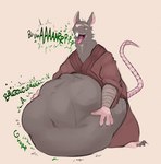 abdominal_bulge anthro anthro_pred belly big_belly bodily_fluids buckteeth burping clothing digestion_noises fur grey_body grey_fur hand_on_belly male male_pred navel open_mouth robe rumbling_stomach saliva soft_vore tail teeth tongue vore dergum teenage_mutant_ninja_turtles master_splinter mammal murid murine rat rodent hi_res