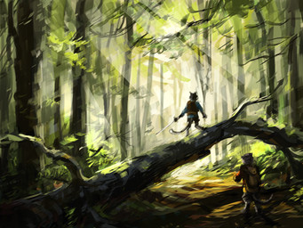 ambiguous_gender anthro bridge clothed clothing duo forest fully_clothed hiking in_tree light log outside plant sunlight tree wood kenket domestic_cat felid feline felis mammal 2014 4:3 digital_media_(artwork) digital_painting_(artwork) painting_(artwork)