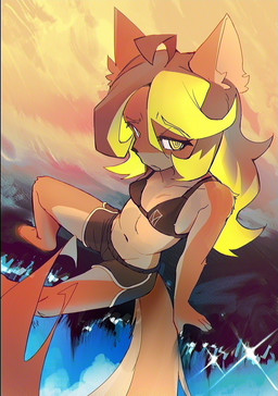 anthro bottomwear bra clothing countershading female green_highlights high-angle_view highlights_(coloring) hotpants looking_at_viewer shorts solo spiral spiral_eyes tail underwear water catofinterest mango_(catofinterest) canid canine domestic_cat felid feline felis fox hybrid mammal 2025 digital_media_(artwork) digital_painting_(artwork) hi_res painting_(artwork) nonbinary_(lore)