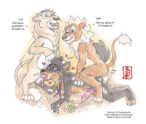 anal anal_penetration animal_genitalia animal_penis anthro anthro_on_feral balls bestiality blush blush_lines bodily_fluids butt claws collar cum cum_in_ass cum_in_mouth cum_inside cum_on_butt cum_on_ground doggystyle ejaculation eyewear feline_genitalia feline_penis feral from_behind_position genital_fluids genitals glasses group heart_symbol humping jewelry licking male male/male mounting multiple_orgasms necklace nude oral oral_penetration orgasm penetration penile penis penis_lick precum sex sound_effects text tongue tongue_out trio wearing_glasses fennec_(artist) dreamworks father_of_the_pride illumination_entertainment sing_(movie) akela_vincent clay_calloway_(sing) sarmoti canid canine canis felid feline lion mammal pantherine wolf painting_(artwork) traditional_media_(artwork) watercolor_(artwork)