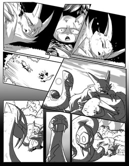 anthro blood bodily_fluids death fangs feral outside size_difference sun tears teeth wounded nauyaco nintendo pokemon generation_3_pokemon pokemon_(species) seviper zangoose absurd_res comic hi_res monochrome parent_(lore) parent_and_child_(lore)