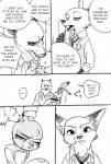 anthro canid canine comic disney english_text fox hi_res judy_hopps lagomorph leporid male mammal monochrome mtttut_(artist) nick_wilde rabbit red_fox simple_background text true_fox white_background zootopia