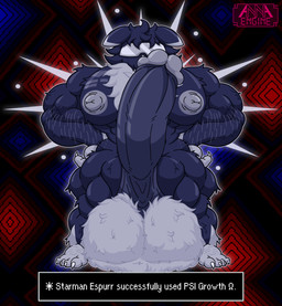abs abstract_background anthro arm_hair arm_tuft balls balls_on_ground barazoku barefoot biceps big_balls big_muscles big_pecs big_penis blue_body blue_fur blue_penis body_hair butt_hair cheek_tuft chest_hair chest_tattoo chest_tuft claws clothed clothing ear_markings erection eyewear facial_tuft feet fluffy fluffy_balls fluffy_chest foreskin front_view fur fur_markings fusion genitals glasses glowing glowing_body grey_nipples hair hands_on_hips happy_trail head_tuft huge_balls huge_muscles huge_pecs huge_penis humanoid_genitalia humanoid_penis hyper hyper_balls hyper_genitalia hyper_penis ineffective_clothing leg_tuft male markings multicolored_body multicolored_fur muscular muscular_anthro muscular_arms muscular_legs muscular_male muscular_thighs nipples nude pecs penis pose psychic psychic_energy psychic_powers pubes saggy_balls serious shoulder_tuft solo spread_legs spreading standing sunglasses tattoo text text_box thick_penis toe_claws tuft two_tone_body two_tone_fur visor white_body white_body_hair white_fur white_hair white_pubes annaengine earthbound_(series) nintendo pokemon fan_character espurr felid feline generation_6_pokemon mammal pokemon_(species) starman 2026 absurd_res crossover digital_drawing_(artwork) digital_media_(artwork) english_text hi_res